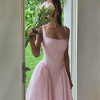 Women's Midi Dress with Square Neckline and Spaghetti Straps – Diamond Pattern