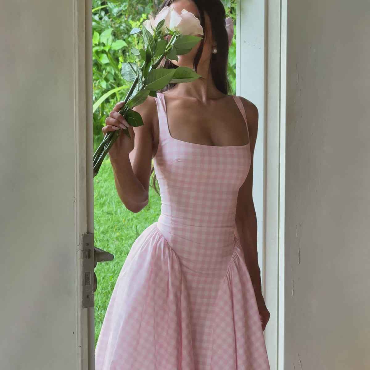 Women's Midi Dress with Square Neckline and Spaghetti Straps – Diamond Pattern