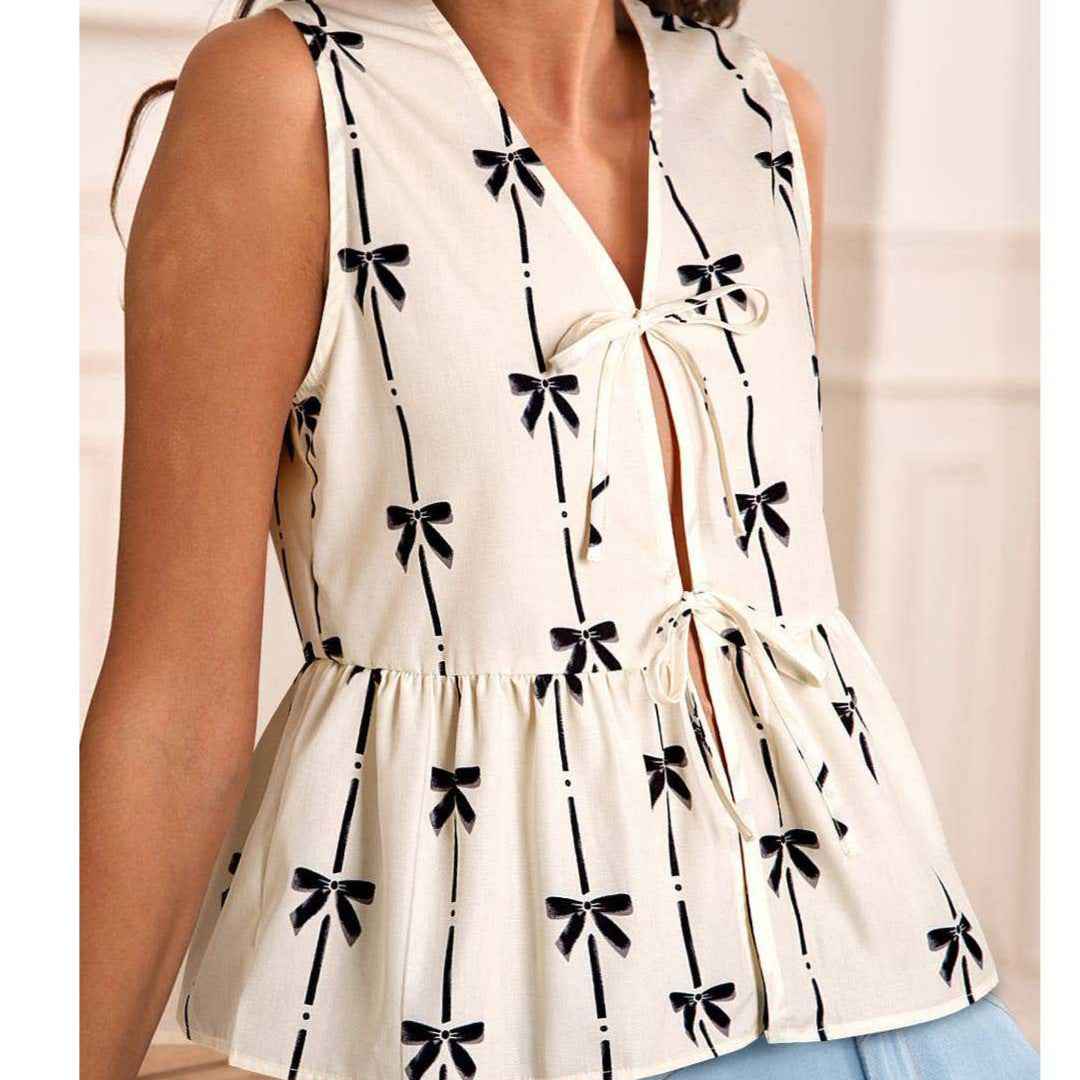 Women's Sleeveless Blouse – Relaxed Fit – V-Neck – Lightweight & Breathable with Tie Detail