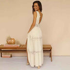 Women's Elegant Midi Dress – Sleeveless with Deep V-Neck and Lace Details