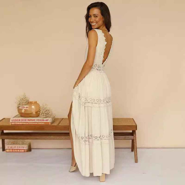 Women's Elegant Midi Dress – Sleeveless with Deep V-Neck and Lace Details