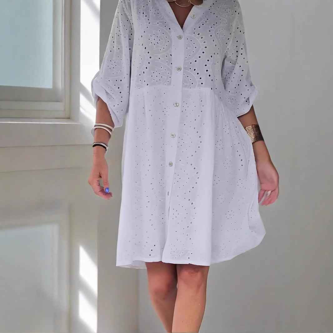Women's A-Line Midi Dress - Cotton, Embroidered, V-Neck with Buttons White