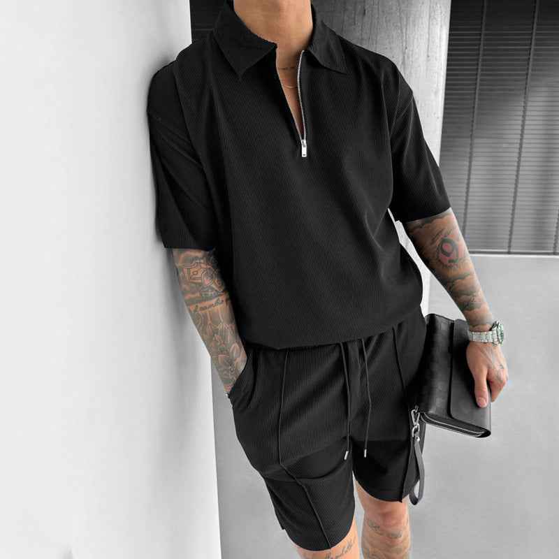 Men's Polo and Shorts Set – Relaxed Fit – Zipper Neck – Breathable Fabric – Drawstring Waist