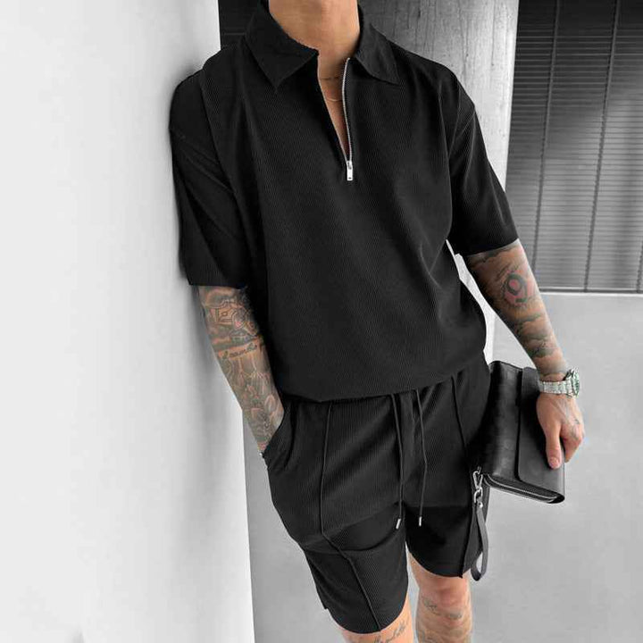 Men's Polo and Shorts Set – Relaxed Fit – Zipper Neck – Breathable Fabric – Drawstring Waist