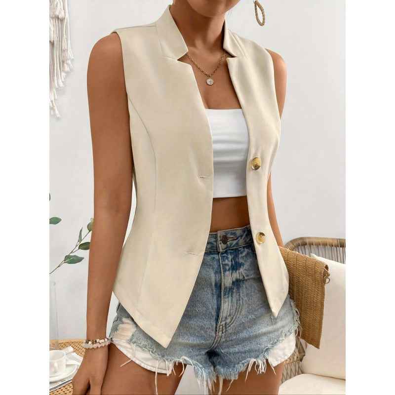 Women's Slim Fit Sleeveless Blouse – Button Closure – Breathable Waist-Length Top Apricot