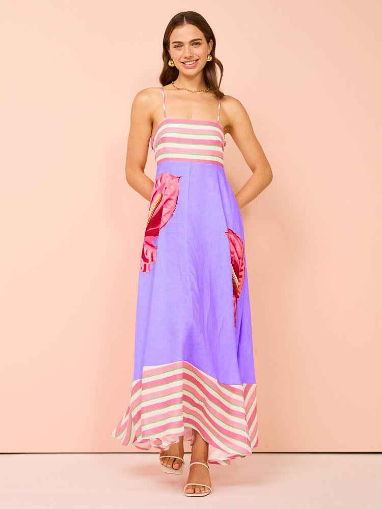 Women's A-Line Midi Dress with Smocked Bodice and Spaghetti Straps – Lightweight Cotton Purple