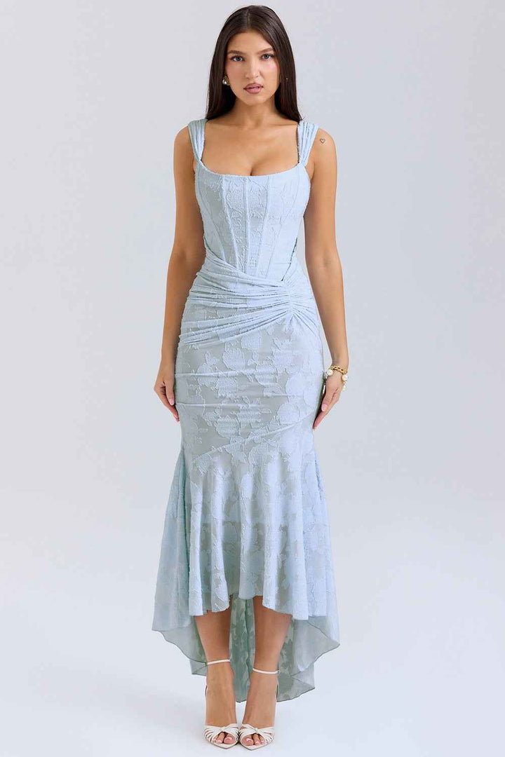 Women's One-Shoulder Satin Evening Dress – Fitted Mermaid Style with Ruffles Blue