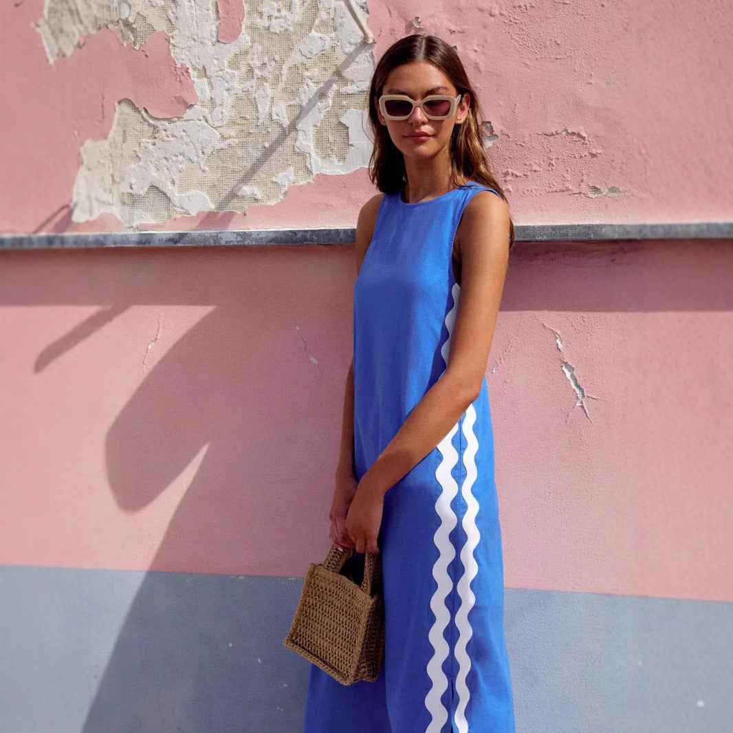 Women's Casual Midi Dress – Sleeveless, Relaxed Fit, Cotton, Round Neck Blue