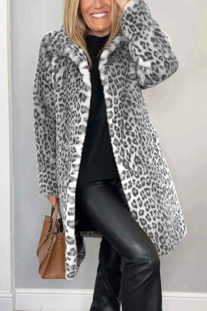 Women's Oversized Leopard Print Faux Fur Coat with Notched Collar Long Grey