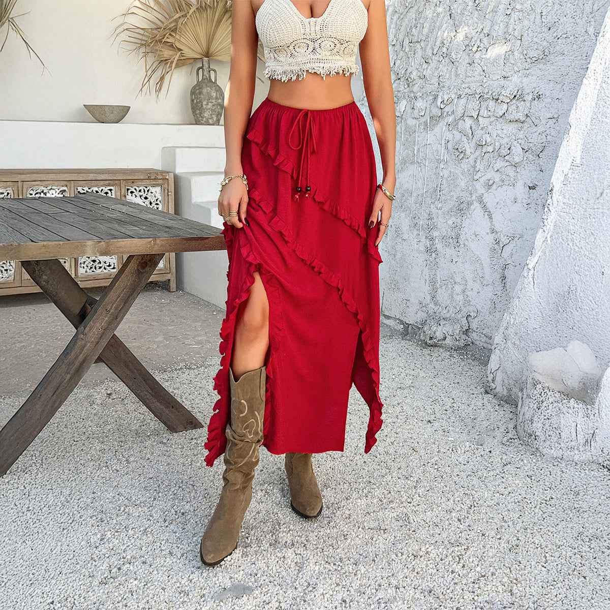 Women's Relaxed Fit Midi Skirt – Cotton Blend with Ruffles & Lace-Up Closure Red