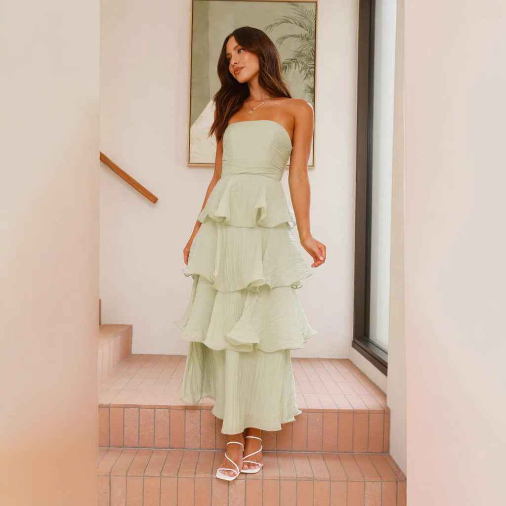 Women's Midi A-Line Strapless Dress with Fitted Bodice and Airy Ruffle Tiers