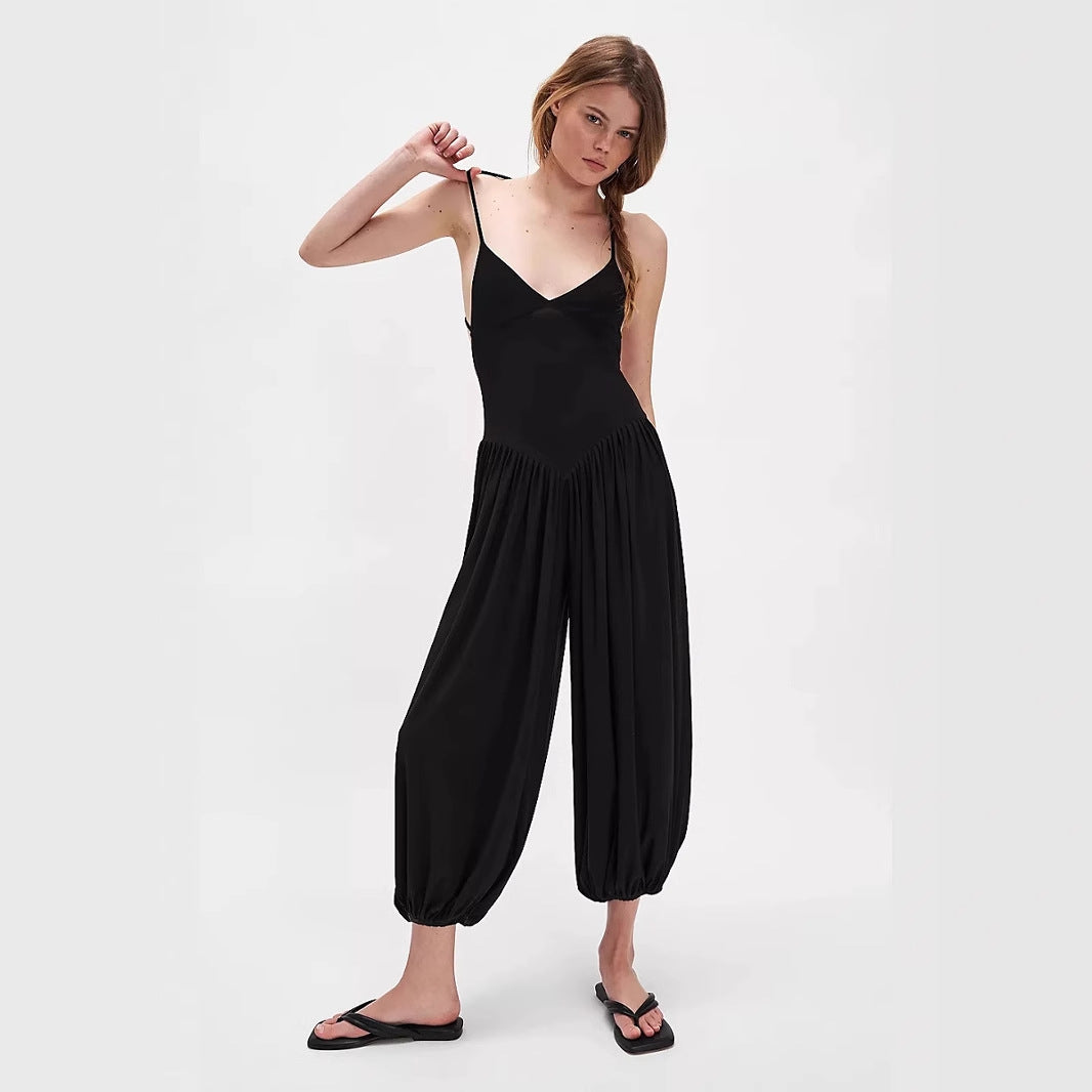 Women's Backless Wide Leg Jumpsuit with Spaghetti Straps – Breezy Style Black