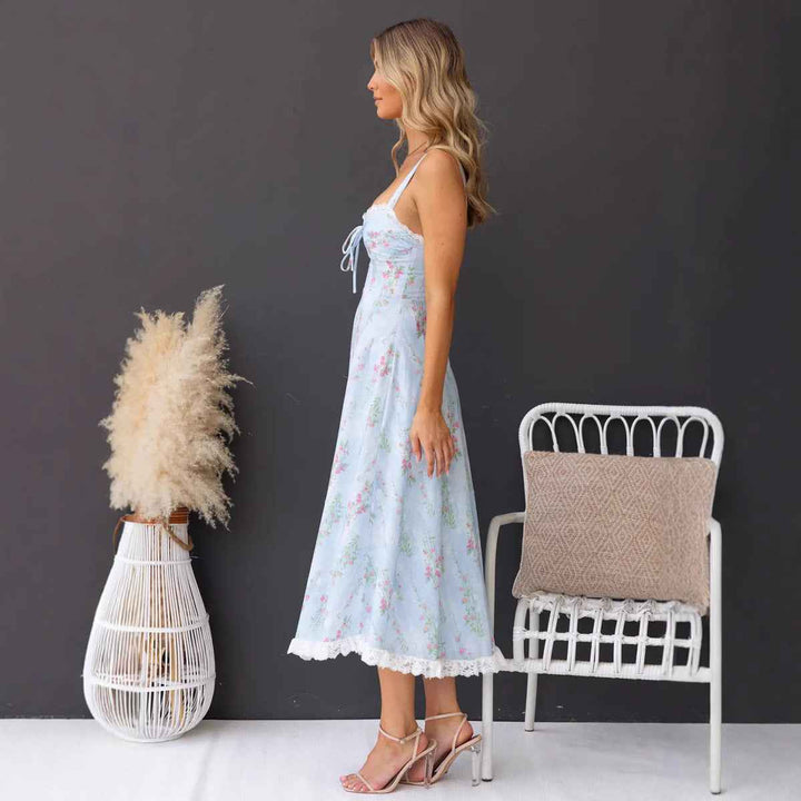 Women's A-Line Midi Dress with Spaghetti Straps – Floral Cotton Design and Lace Accents