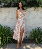 Women's A-Line Midi Dress – Sleeveless Floral Print with Bow Detail Red Flowers