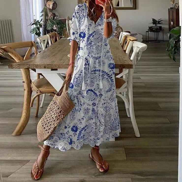Women's Relaxed Fit Midi Dress – V-Neck, Short Sleeve, Cotton with Cutwork Details Light Blue