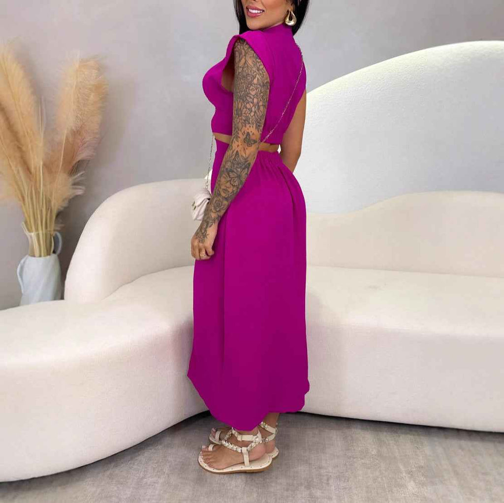 Women's Slim Fit Midi Dress – Sleeveless with Cut-Out Waist & Button Closure – Turtleneck Design