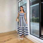 Women's Striped A-Line Midi Dress – Relaxed Fit – Cotton Blend – Ruffle Straps