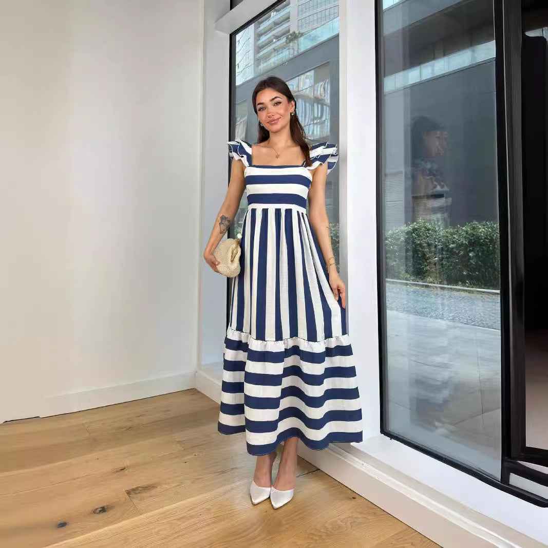 Women's Striped A-Line Midi Dress – Relaxed Fit – Cotton Blend – Ruffle Straps
