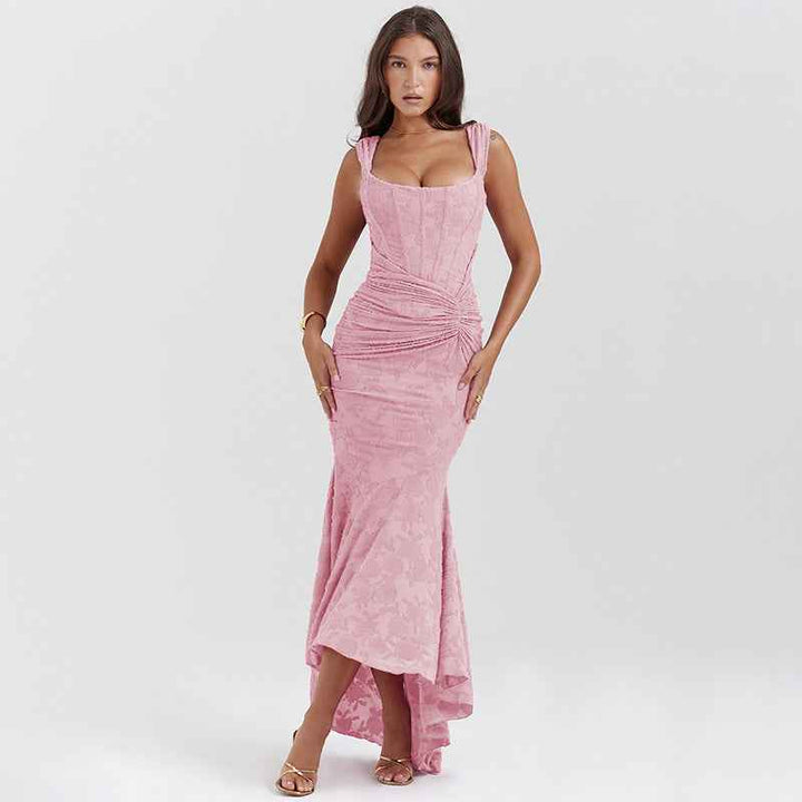 Women's One-Shoulder Satin Evening Dress – Fitted Mermaid Style with Ruffles Pink