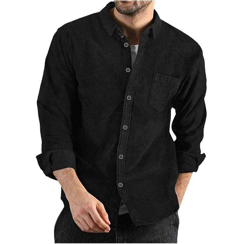 Men's Long Sleeve Corduroy Shirt - Button Closure & Chest Pocket Black