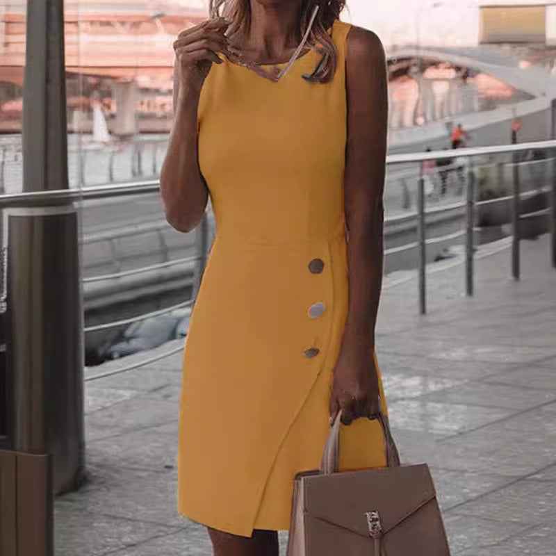 Women's Slim Fit Mini Dress – High Neck with Asymmetrical Slit – Luxe Style Yellow