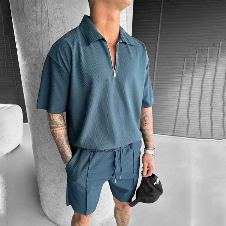 Men's Polo and Shorts Set – Relaxed Fit – Zipper Neck – Breathable Fabric – Drawstring Waist