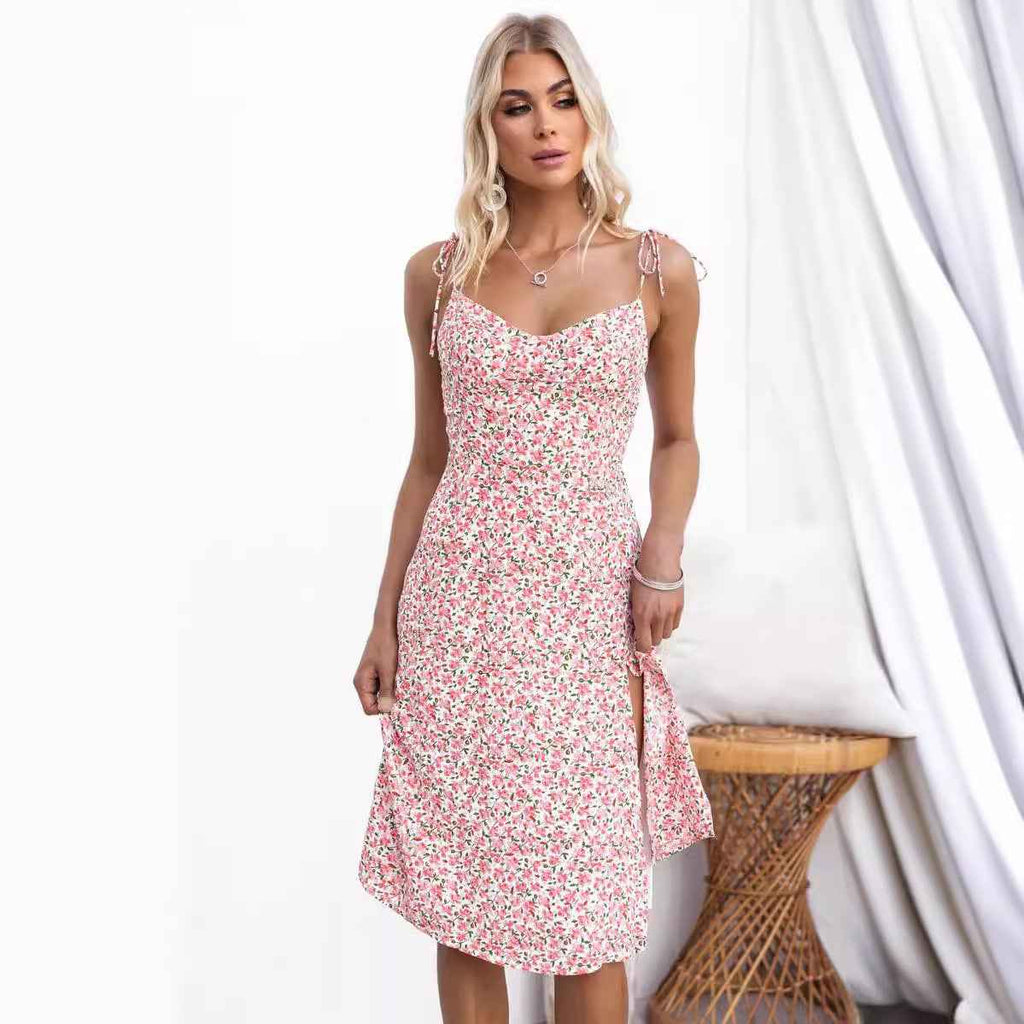 Women's Floral Midi Dress – Slim Fit, V-Neck, Spaghetti Straps, Side Slit