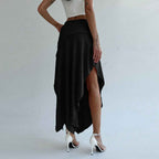 Women's Elegant Midi Skirt – Ruched Waist – Asymmetrical Hem – Luxe Fabric