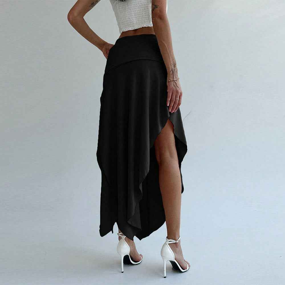 Women's Elegant Midi Skirt – Ruched Waist – Asymmetrical Hem – Luxe Fabric