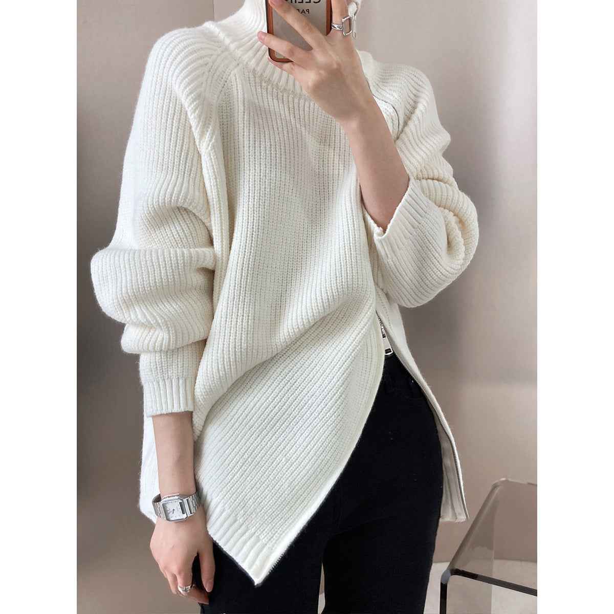 Womens Oversized Knitted Sweater – Wool Blend – High Collar with Side Zipper White One Size