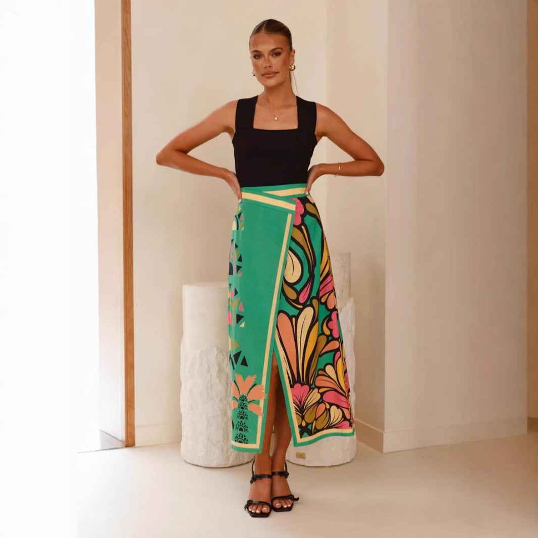 Women's High Waist Midi Skirt - Slim Fit, Front Split, Abstract Print, Airy Fabric Green
