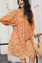 Women's Bohemian Floral Midi Dress – V-neck, Relaxed Fit, Lantern Sleeves Orange