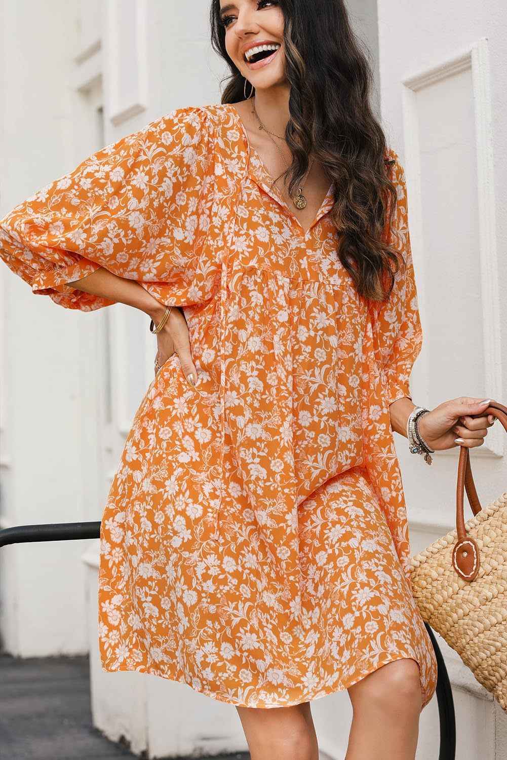 Women's Bohemian Floral Midi Dress – V-neck, Relaxed Fit, Lantern Sleeves Orange
