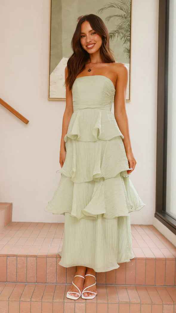 Women's Midi A-Line Strapless Dress with Fitted Bodice and Airy Ruffle Tiers