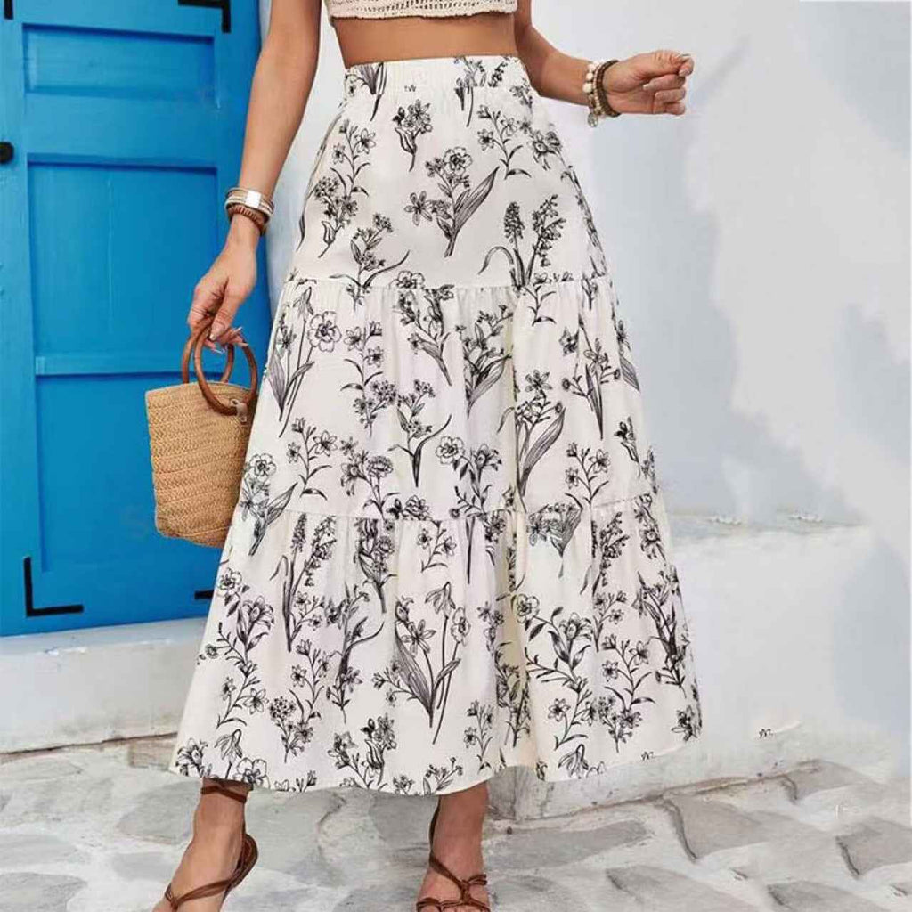 Women's Floral Print Midi Skirt – Elastic Waist – Airy Layers – Comfortable Fit