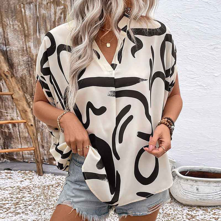 Women's Loose Fit V-Neck Blouse with Batwing Sleeves and Geometric Print Apricot