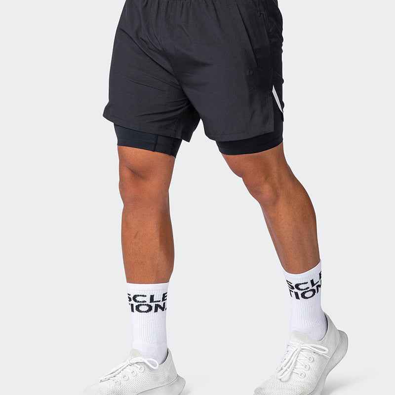 Men's Slim Fit Sports Shorts – Double Layer – Breathable with Stretch Inner Brief Black