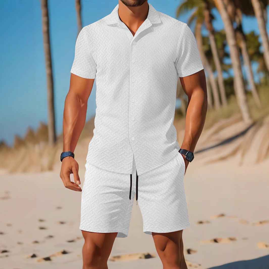 Men's Slim Fit Embossed Shirt and Shorts Set – Breathable Casual Comfort White