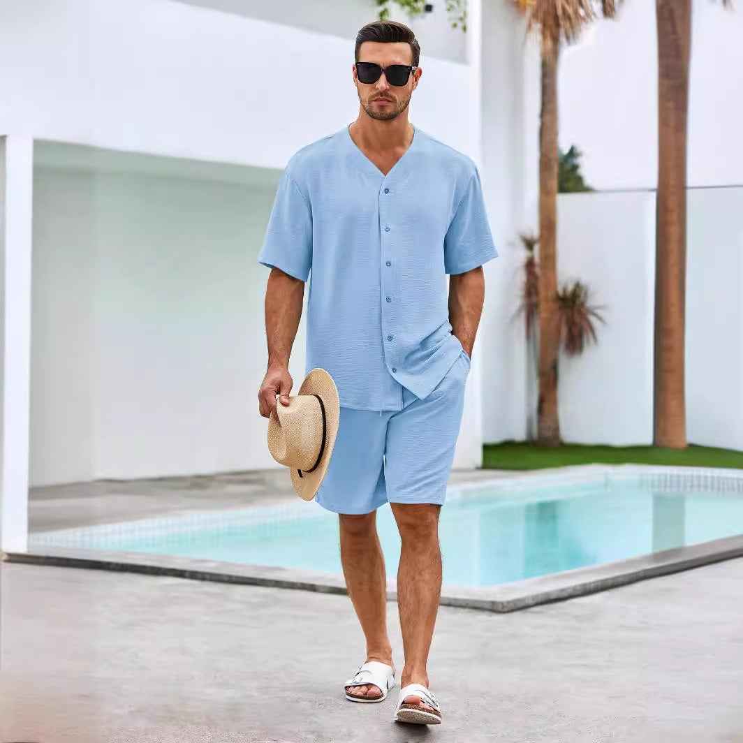 Men's V-Neck Shirt and Shorts Set – Button Closure – Relaxed Fit – Breathable Fabric