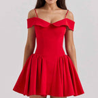 Women's Off-Shoulder A-Line Mini Dress with Spaghetti Straps Red