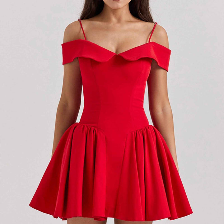 Women's Off-Shoulder A-Line Mini Dress with Spaghetti Straps Red