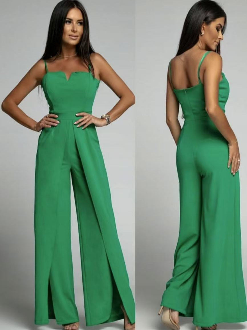 Women's Strapless Slim Fit Jumpsuit – Elegant Wide Leg Design with Front Slit Emerald Green