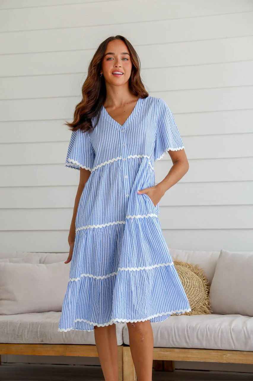 Women's V-Neck Loose Fit Cotton Dress with Button Closure and Lace Details