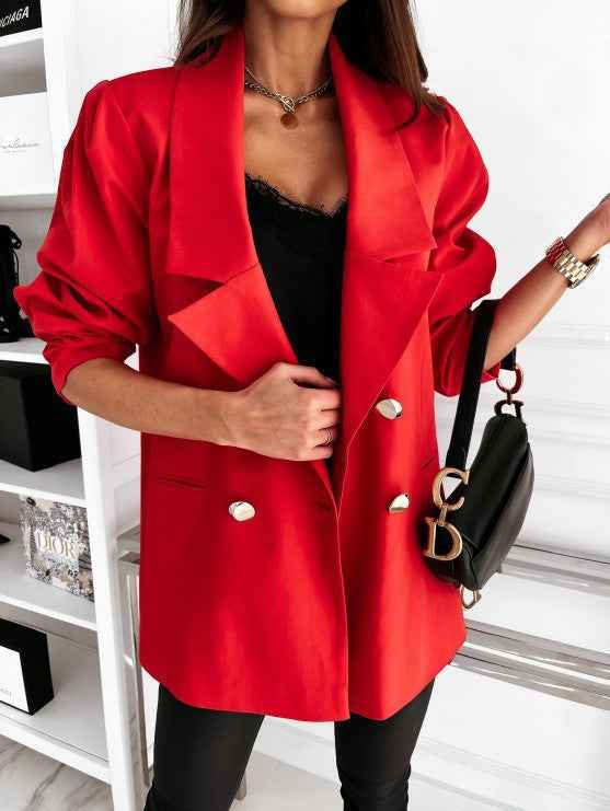 Women's Structured Blazer with Puff Sleeves and Elegant Buttons - Hip Length Red