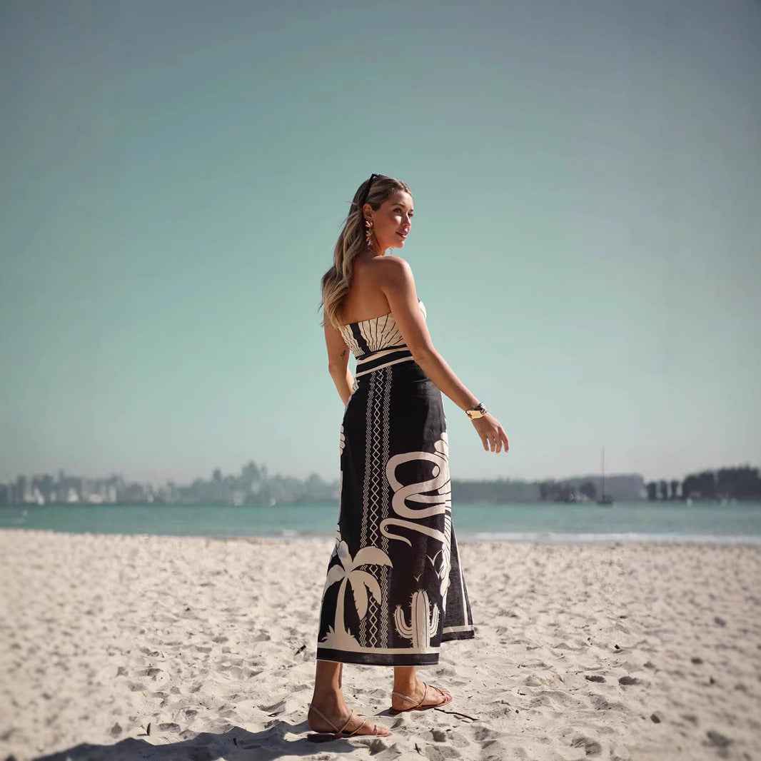 Women's Slim Fit Shellprint Co-ord Set – Strapless Top & High Waist Midi Skirt with Split