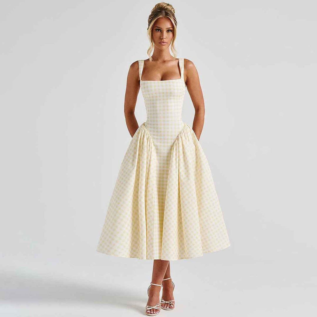 Women's Midi Dress with Square Neckline and Spaghetti Straps – Diamond Pattern Yellow