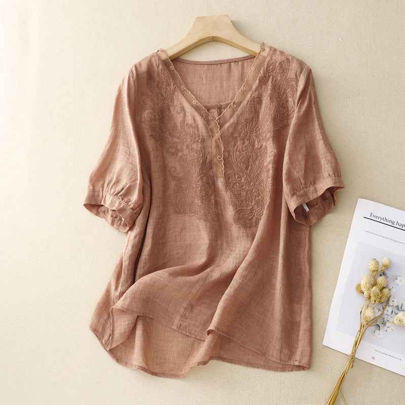 Women's Loose Fit V-Neck Blouse – Short Sleeves – Embroidered – Breathable Fabric Orange