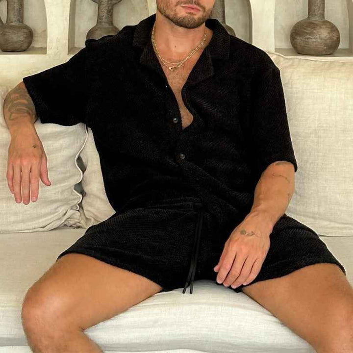 Men's Casual Button-Up Shirt and Drawstring Shorts Set – Relaxed Fit, Breathable Fabric