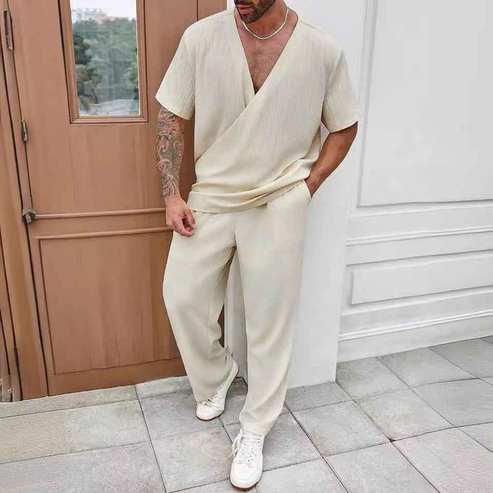 Men's Relaxed Fit V-Neck T-Shirt Set with Short Sleeves and Breathable Long Pants Apricot