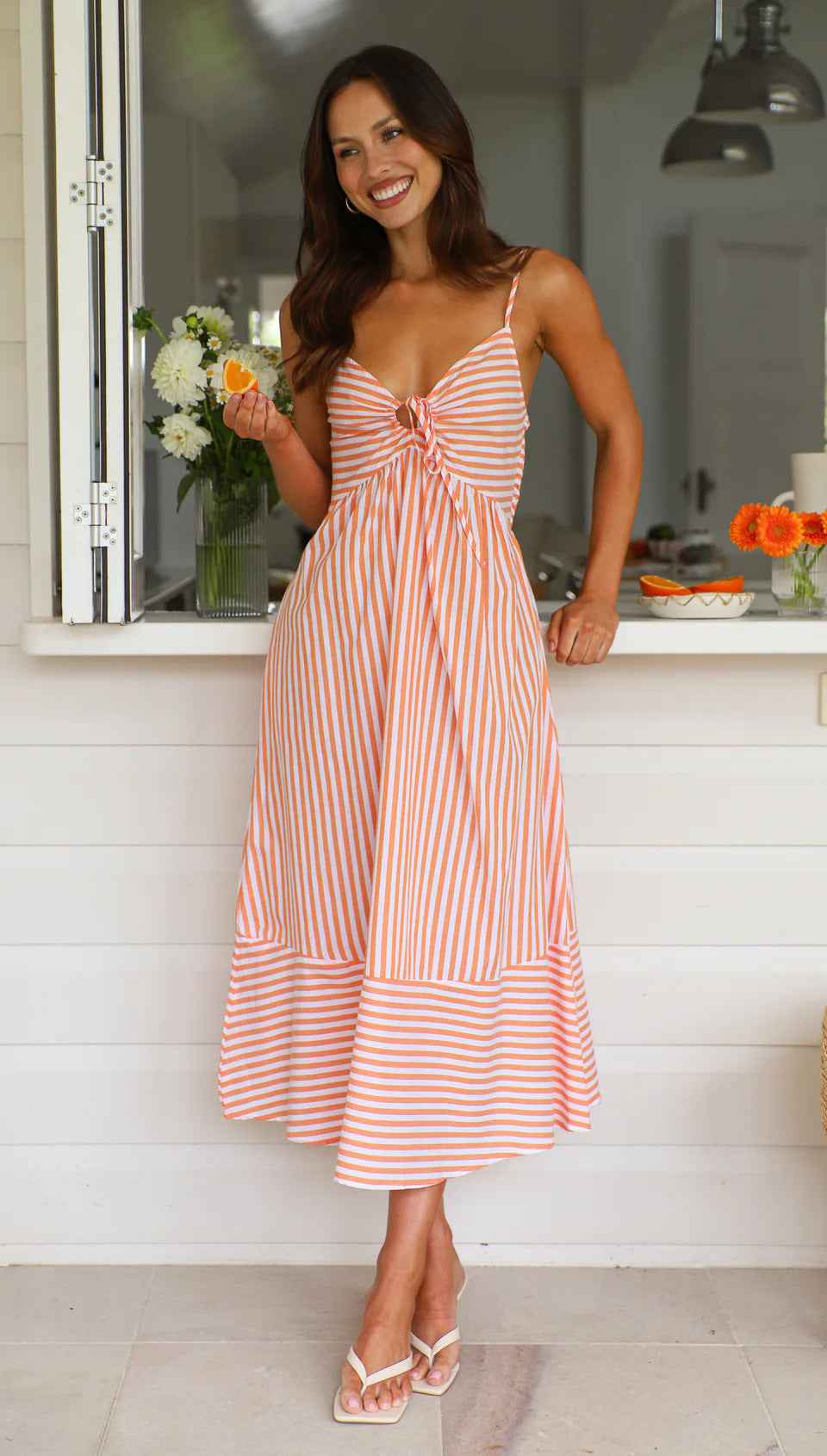 Women's Striped Midi Dress – V-Neck, Spaghetti Straps, Button Detail – Lightweight Cotton Pink